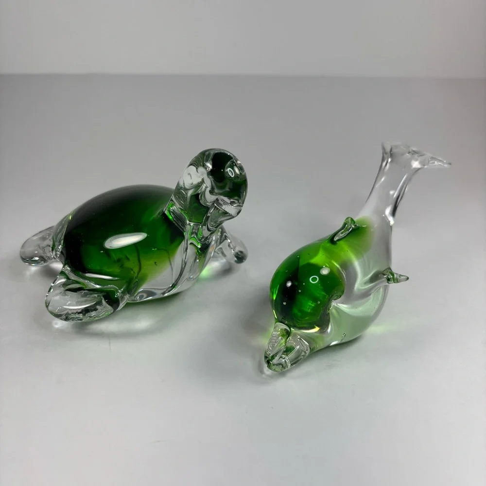 Green Glass Animal Figurines turtle dolphin,‎ vintage paperweight set of 2